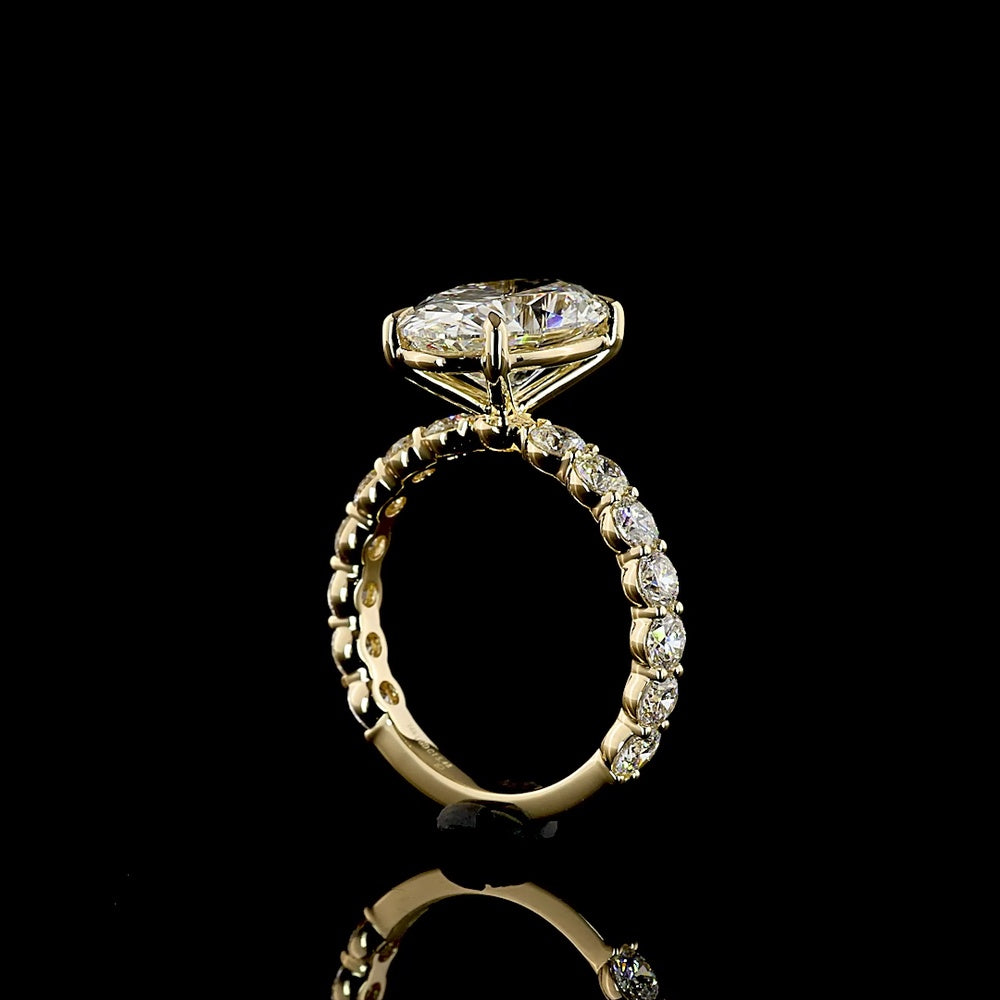 14K Yellow Gold Oval Cut Lab Diamond Solitaire Shank Ring with 4.08 Carat E VVS2 Center and 1.40 Carat Accent Diamonds - 5.48 Total Carat Weight - Covaloro Fine Jewelry
