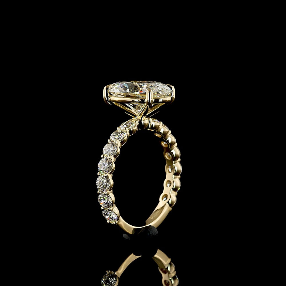 14K Yellow Gold Oval Cut Lab Diamond Solitaire Shank Ring with 4.08 Carat E VVS2 Center and 1.40 Carat Accent Diamonds - 5.48 Total Carat Weight - Covaloro Fine Jewelry