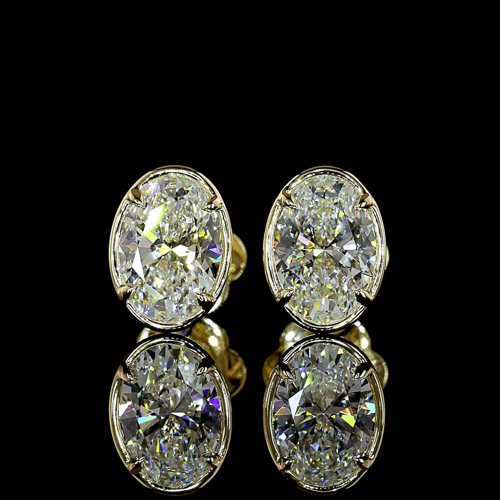 14K Yellow Gold Oval Cut Lab Diamond Stud Earrings with Bezel-Prong Setting - 2.02 Carat Total Diamond Weight (E-F Color, VS1 Clarity) - Covaloro Fine Jewelry