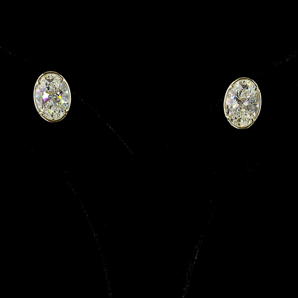 14K Yellow Gold Oval Cut Lab Diamond Stud Earrings with Bezel-Prong Setting - 4.07 Carat Total Weight (E-F Color, VS1 Clarity) - Covaloro Fine Jewelry
