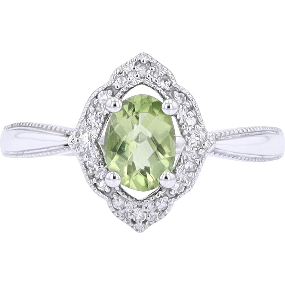 14K Yellow Gold Oval-Cut Peridot and Diamond Halo Ring - 0.10 Carats Total Diamond Weight
