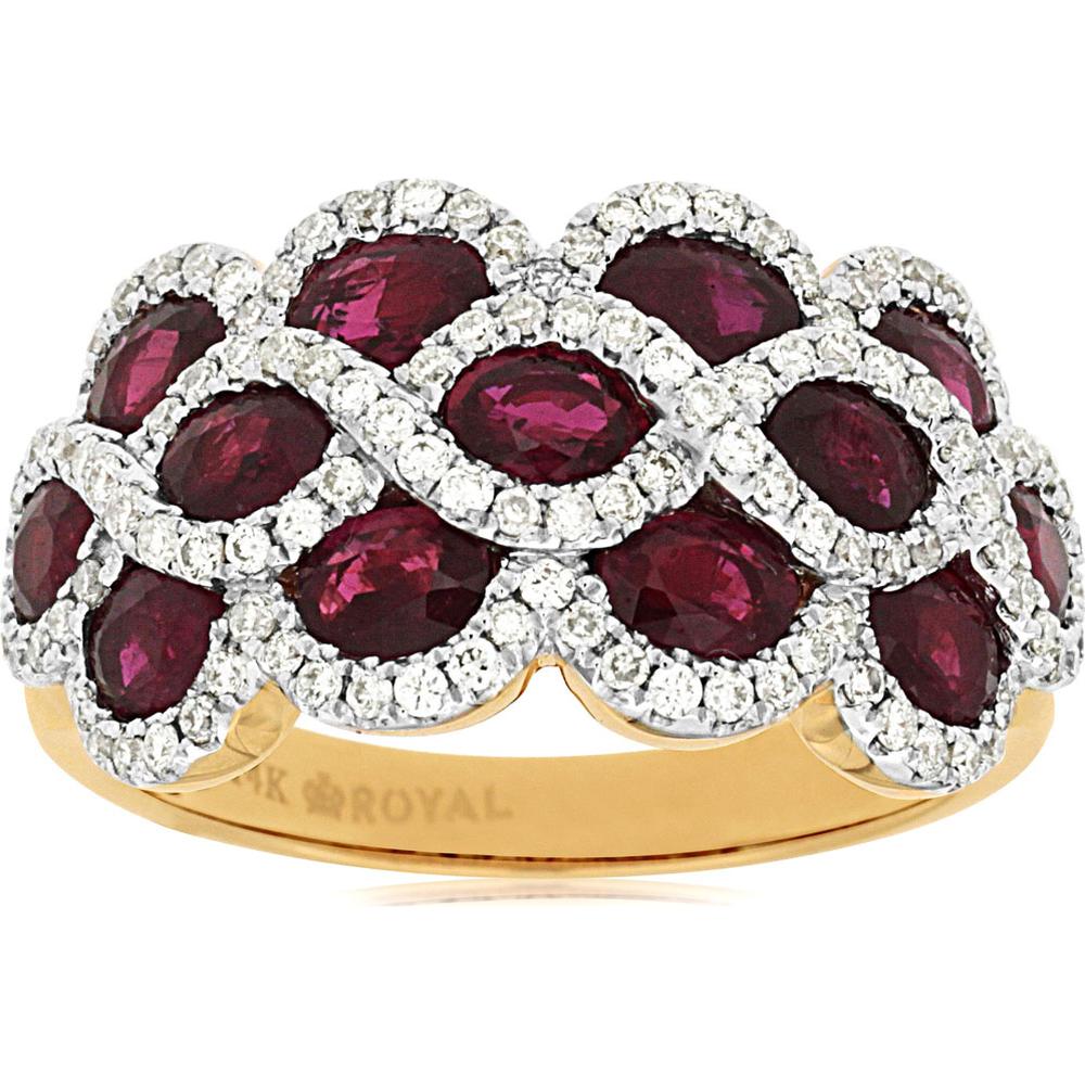 14K Yellow Gold Oval Cut Ruby and Diamond Multi-Row Halo Ring - 2.90 Carat Ruby Total Weight and 0.63 Carat Diamond Total Weight - Royal Jewelry