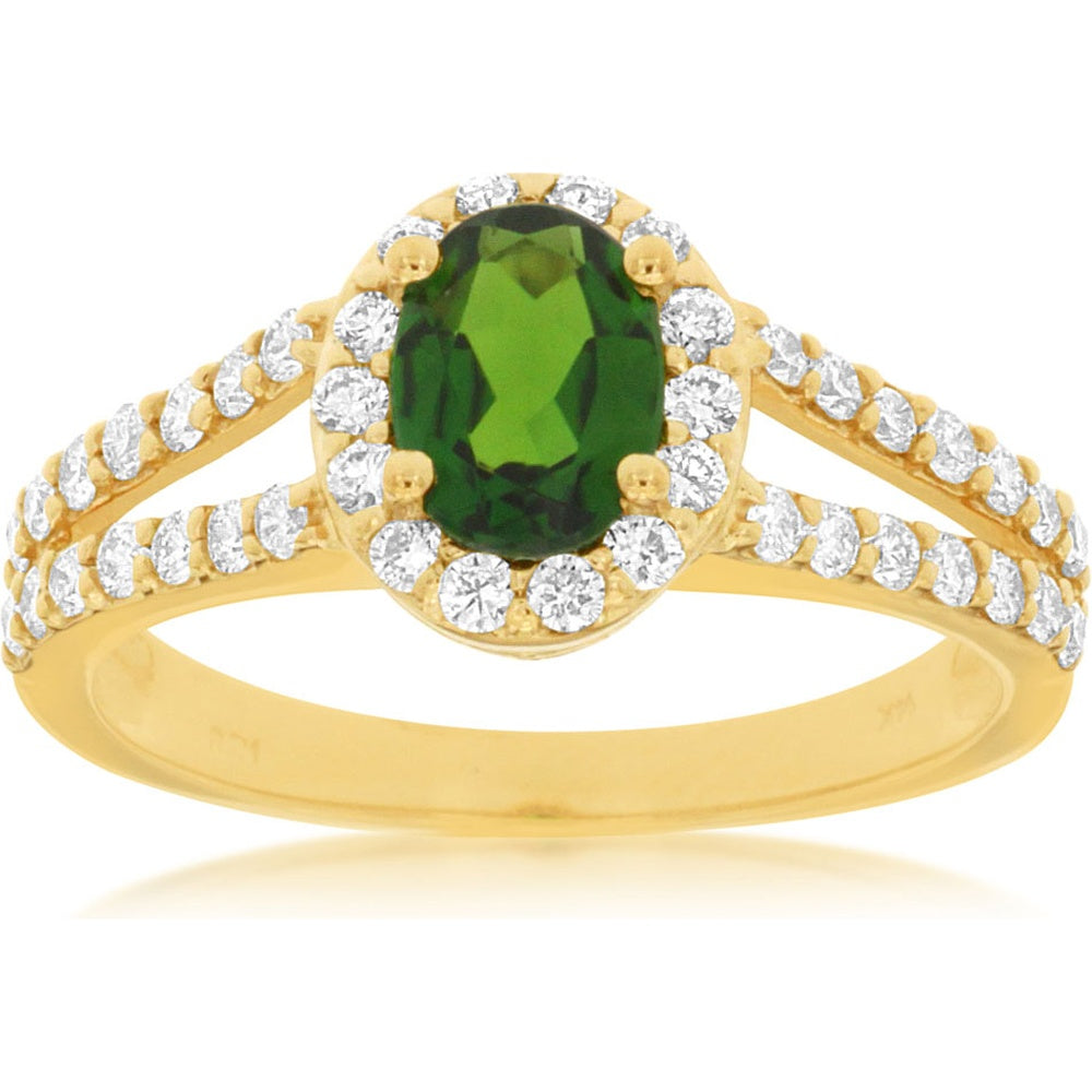 14K Yellow Gold Oval-Cut Russalite and Diamond Halo Ring with Split-Shank Diamond Band - 0.95 Carat Russalite and 0.65 Carat Total Diamond Weight - Royal Jewelry