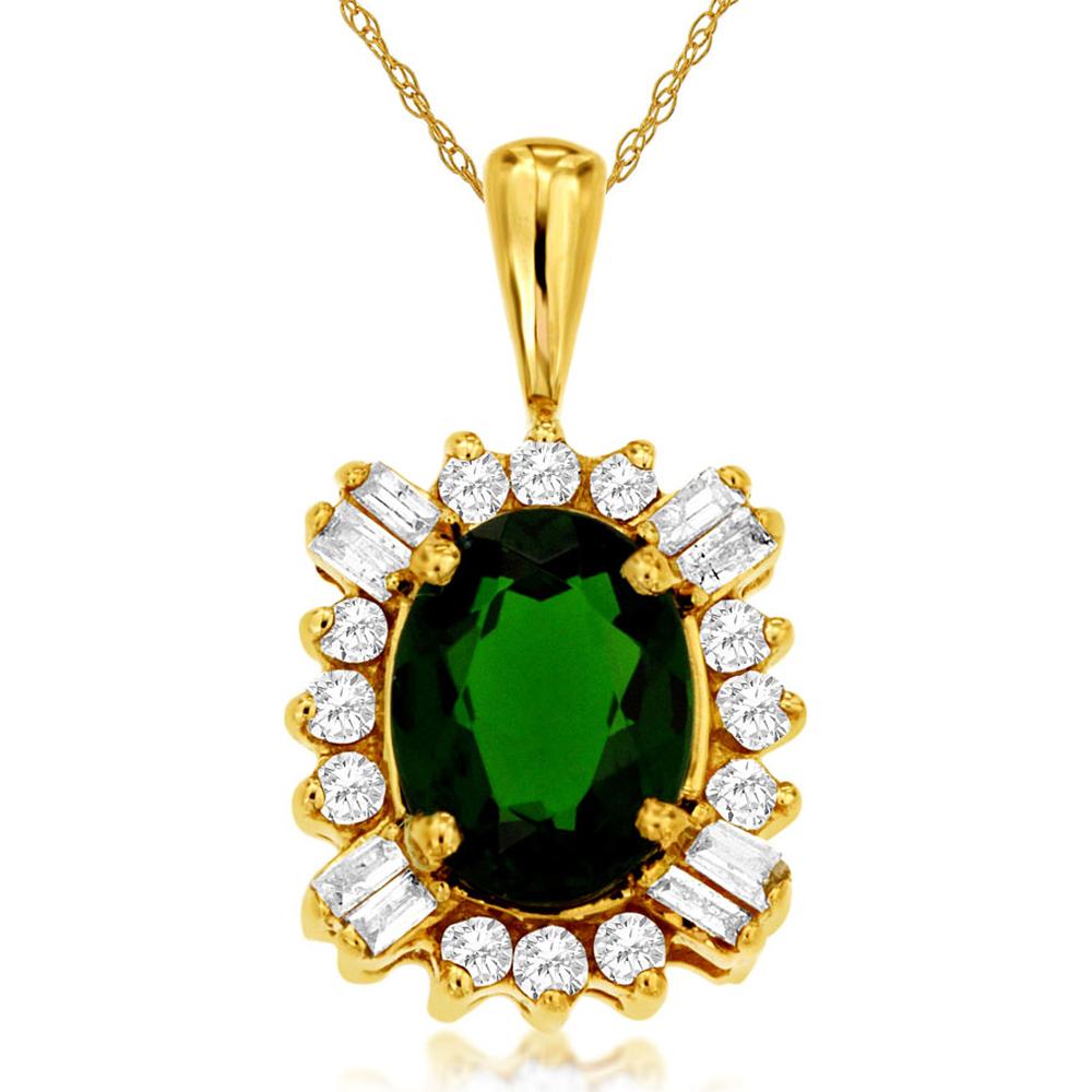 14K Yellow Gold Oval Cut Russalite Halo Pendant with Round and Baguette Diamond Accents - 1.30 Carat Russalite, 0.25 Carat Total Diamond Weight - Royal Jewelry