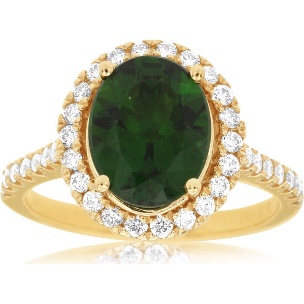 14K Yellow Gold Oval Cut Russalite Halo Ring with Round Brilliant Diamonds - 2.60 Carat Russalite and 0.60 Carat Diamond Total Weight - Royal Jewelry