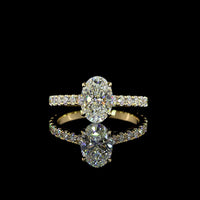14K Yellow Gold Oval Cut Solitaire Shank Ring with 1.54 Carats E VVS2 Center and 0.63 Carats Brilliant Accents - 2.17 Carats Total Diamond Weight - Covaloro Fine Jewelry
