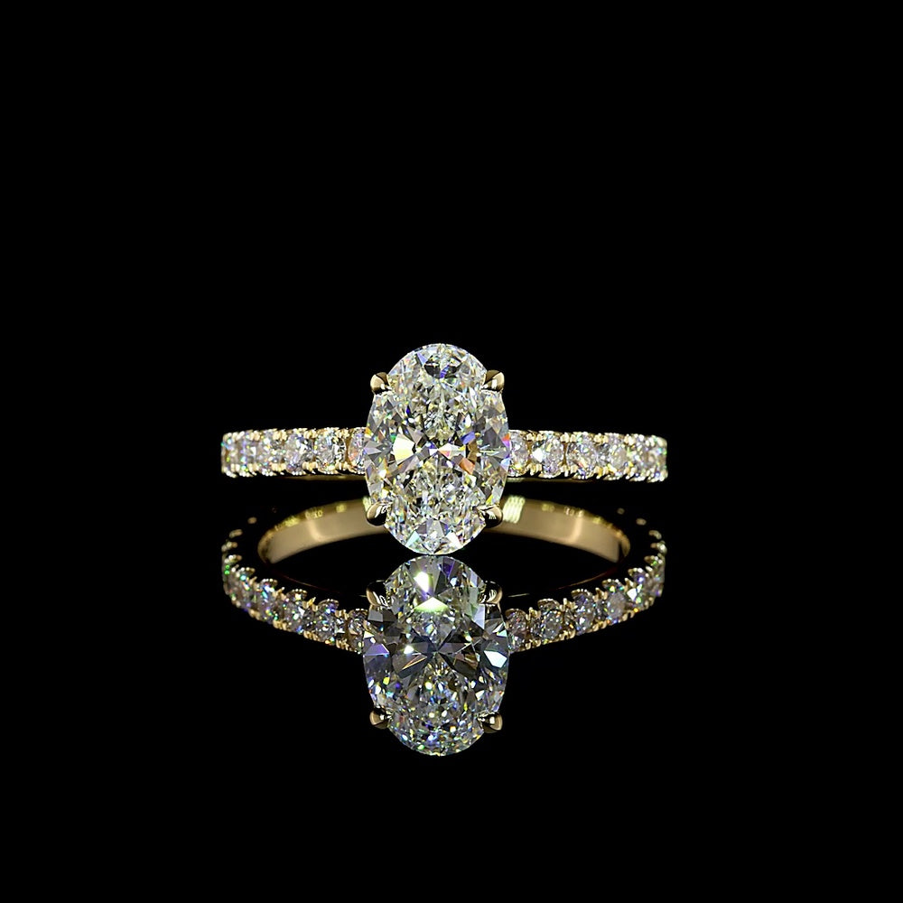 14K Yellow Gold Oval Cut Solitaire Shank Ring with 1.54 Carats E VVS2 Center and 0.63 Carats Brilliant Accents - 2.17 Carats Total Diamond Weight - Covaloro Fine Jewelry