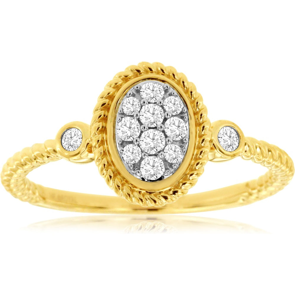 14K Yellow Gold Oval Diamond Cluster Ring with Rope Twist Border and Bezel Set Accents - 0.19 Carat Total Diamond Weight - Royal Jewelry