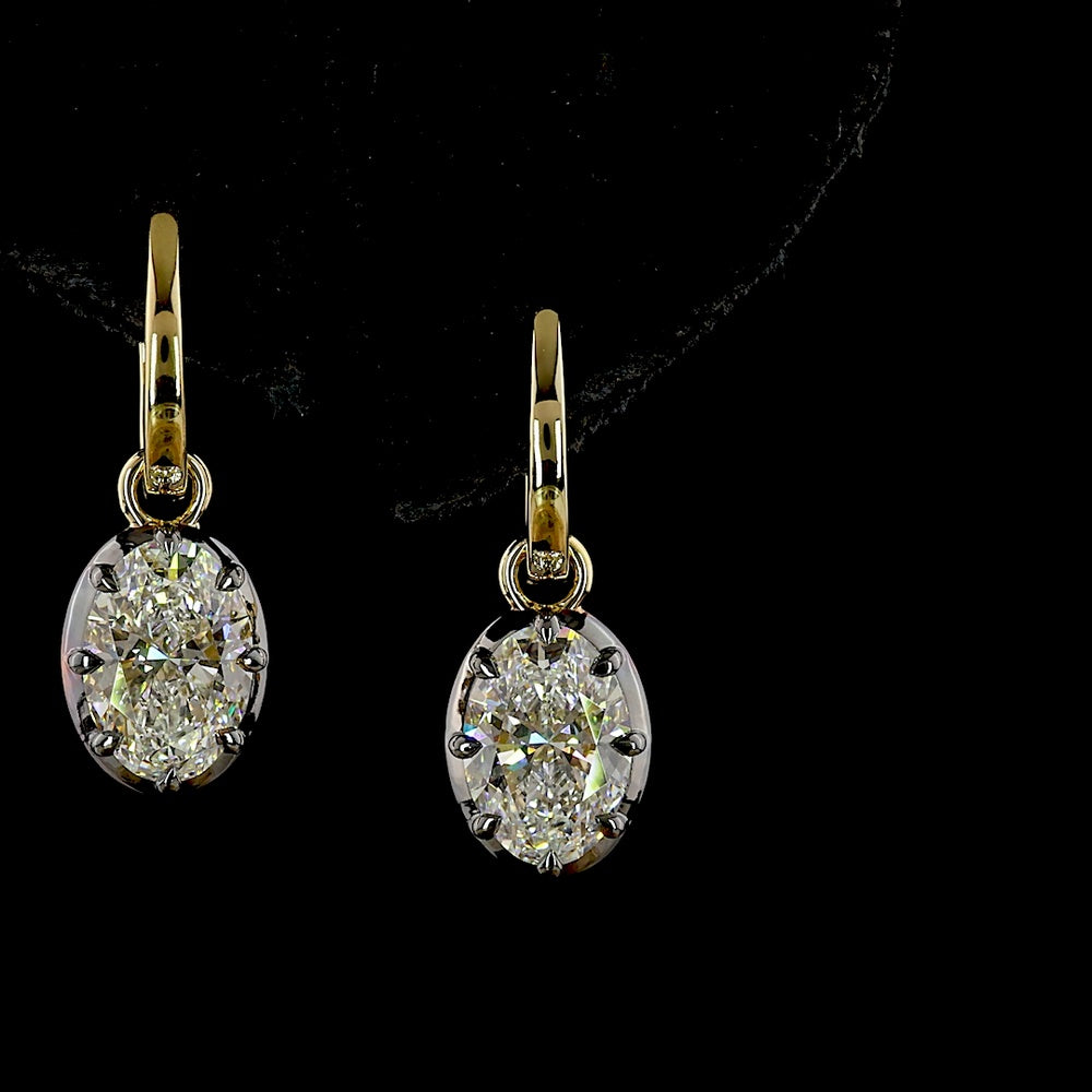 14K Yellow Gold Oval Diamond Drop Earrings with Black Rhodium Accents - 3.10 Carat Total Weight, E-F VS1 Lab Grown Diamonds - Covaloro Fine Jewelry