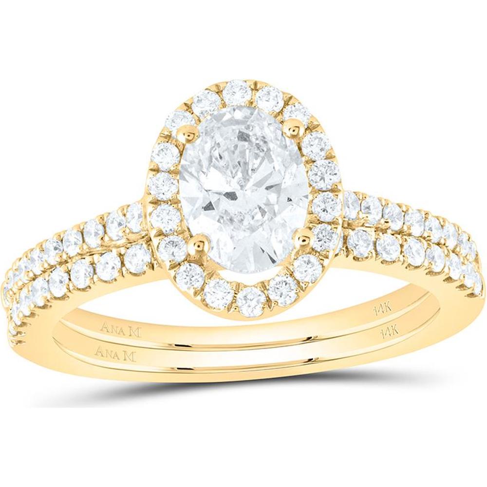 14K Yellow Gold Oval Diamond Halo Bridal Wedding Ring Set - 1.50 Carat Total Diamond Weight