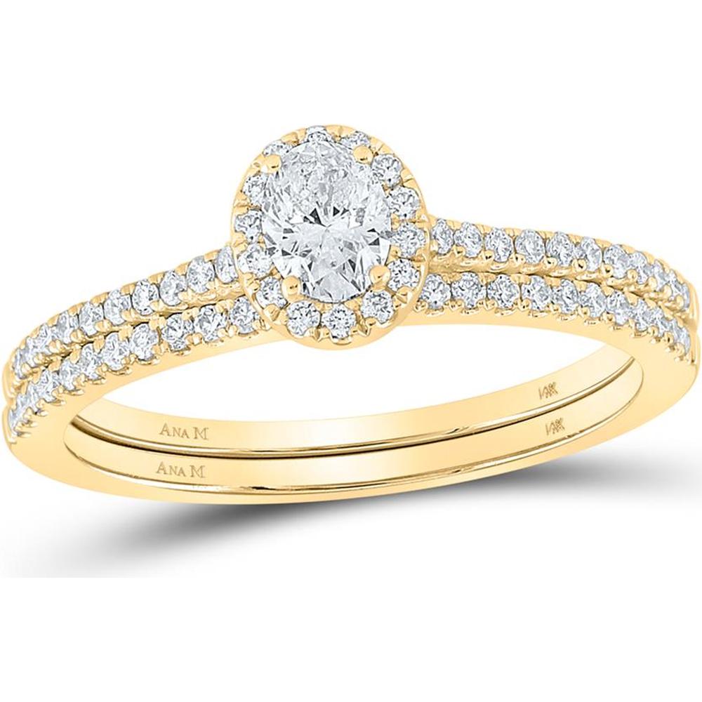 14K Yellow Gold Oval Diamond Halo Bridal Wedding Ring Set - 5/8 Carat Total Diamond Weight