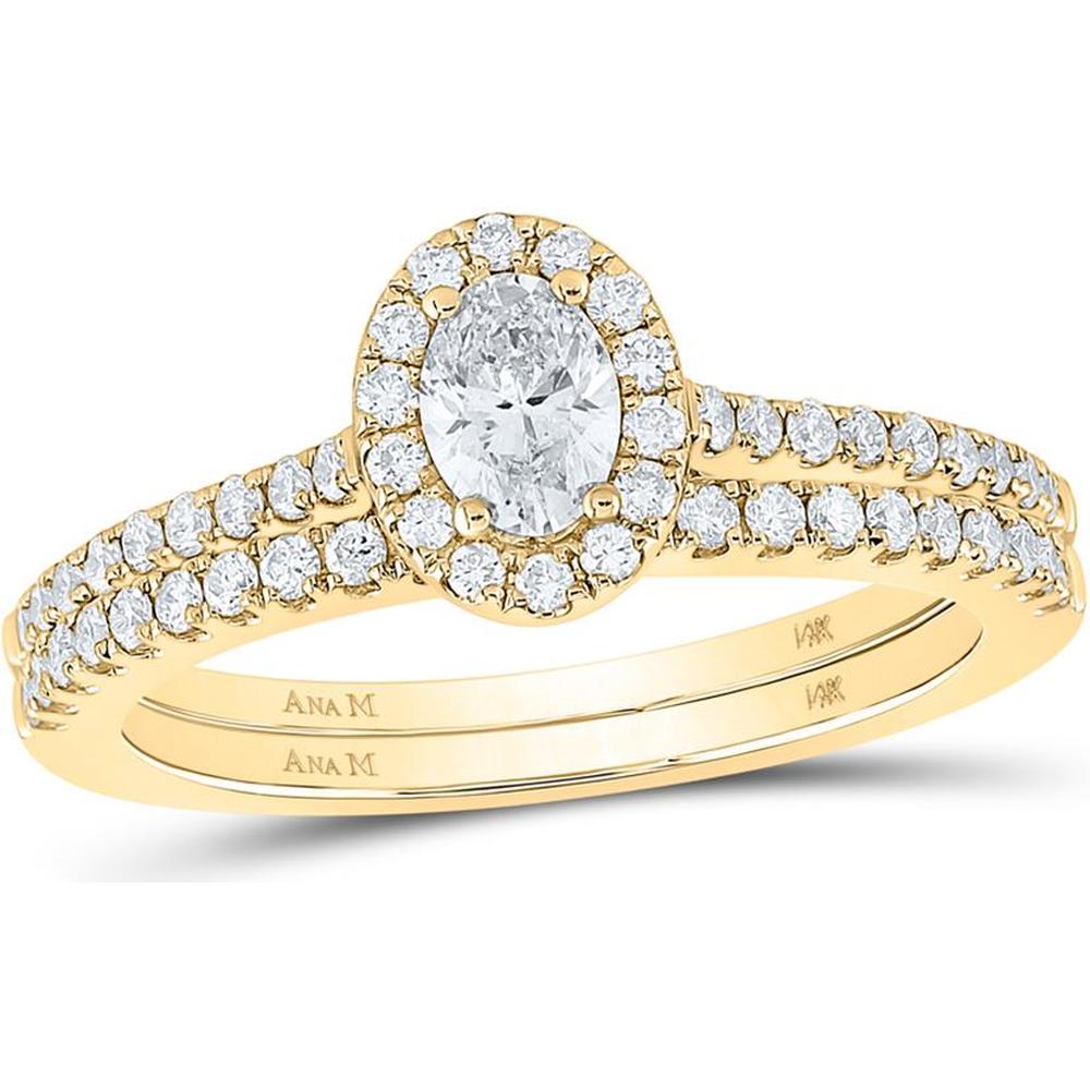 14K Yellow Gold Oval Diamond Halo Bridal Wedding Ring Set - 7/8 Carat Total Diamond Weight (Certified)