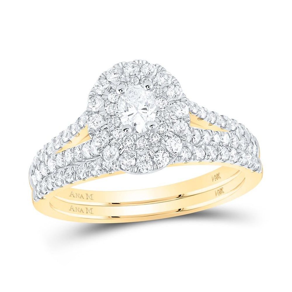 14K Yellow Gold Oval Diamond Halo Bridal Wedding Ring Set (Certified) - 1 Carat Total Diamond Weight