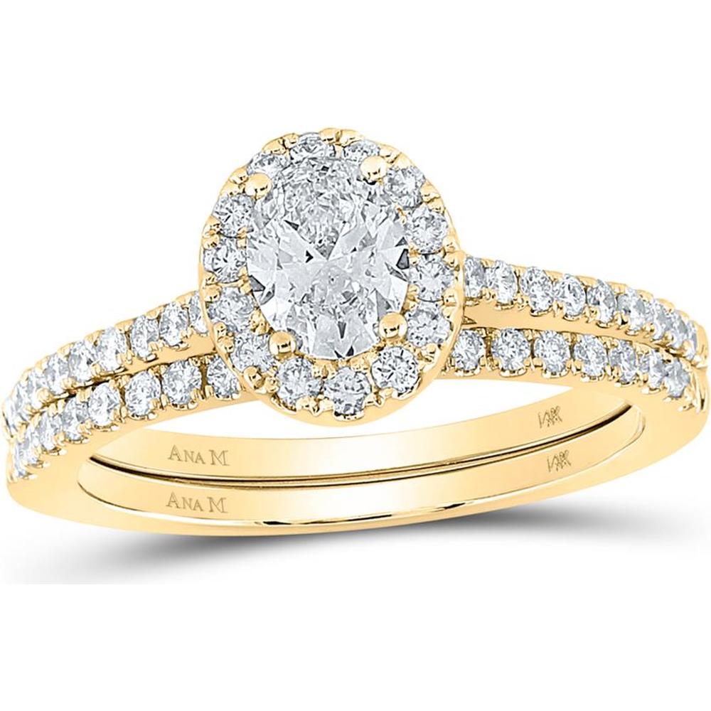14K Yellow Gold Oval Diamond Halo Bridal Wedding Ring Set with 1 Carat Total Diamond Weight