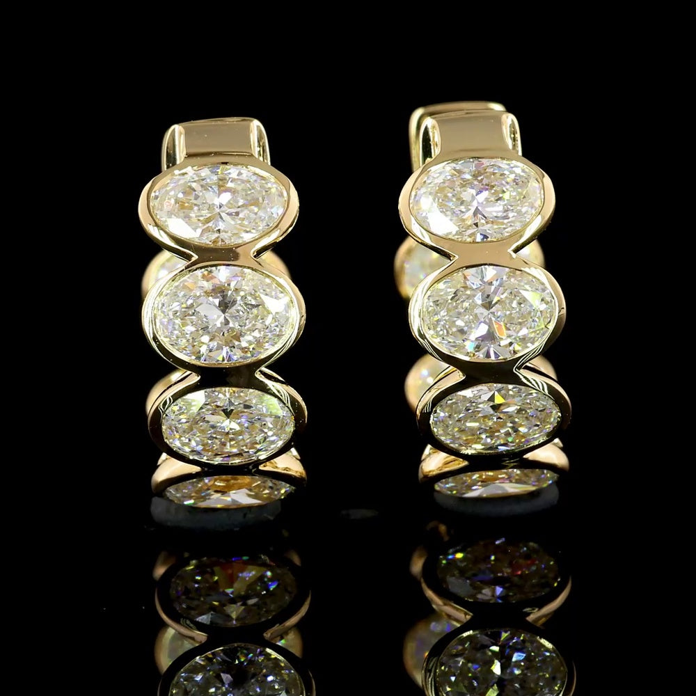 14K Yellow Gold Oval Diamond Huggie Earrings with Bezel Setting - D VS2 Lab Grown Diamonds - 5.60 Carat Total Weight - Covaloro Fine Jewelry