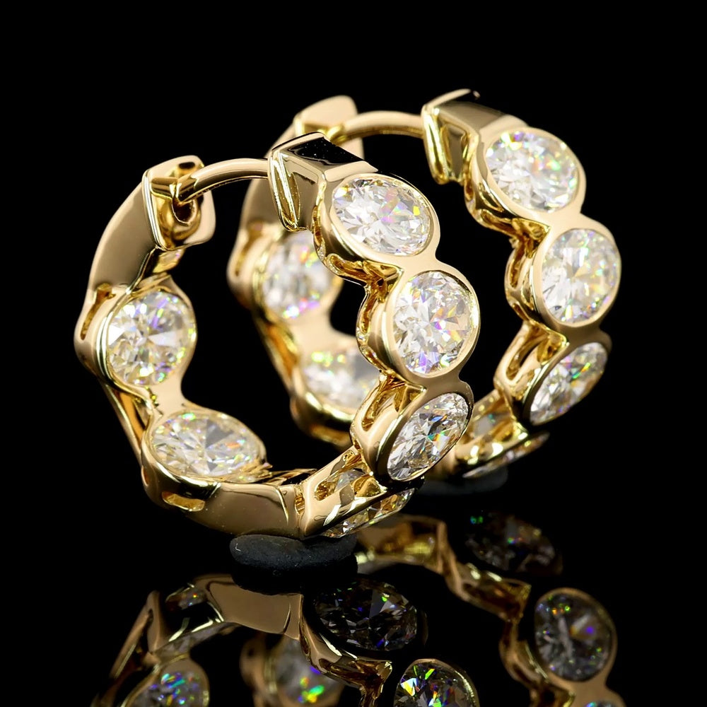 14K Yellow Gold Oval Diamond Huggie Earrings with Bezel Setting - D VS2 Lab Grown Diamonds - 5.60 Carat Total Weight - Covaloro Fine Jewelry