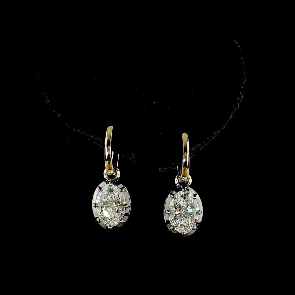 14K Yellow Gold Oval Drop Earrings with 3.09 Carat Total Weight Lab Grown Diamonds - F VS1 Clarity with Black Rhodium Bezel Detail - Covaloro Fine Jewelry