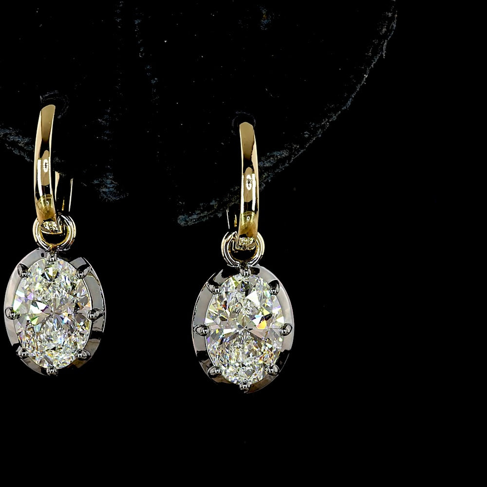 14K Yellow Gold Oval Drop Earrings with 3.09 Carat Total Weight Lab Grown Diamonds - F VS1 Clarity with Black Rhodium Bezel Detail - Covaloro Fine Jewelry