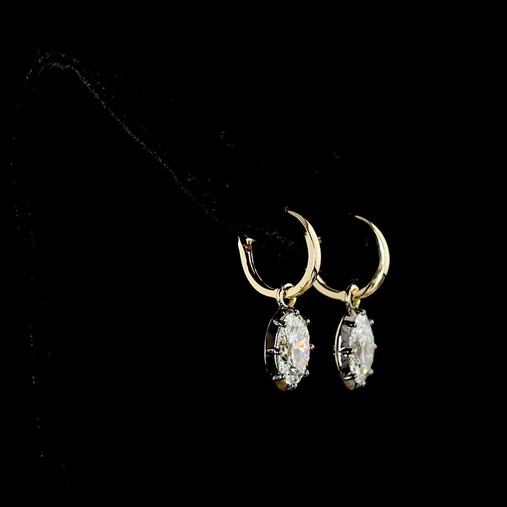 14K Yellow Gold Oval Drop Earrings with 3.09 Carat Total Weight Lab Grown Diamonds - F VS1 Clarity with Black Rhodium Bezel Detail - Covaloro Fine Jewelry