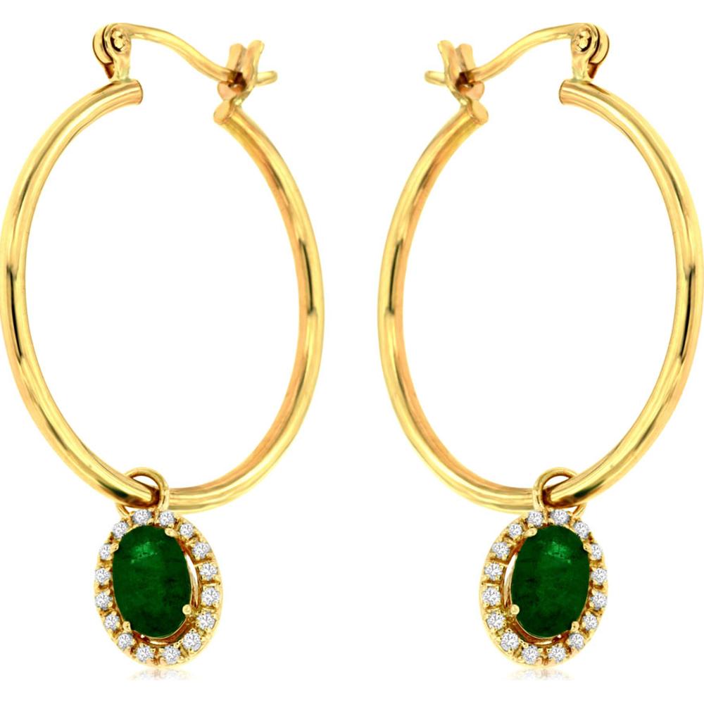 14K Yellow Gold Oval Emerald & Diamond Halo Drop Earrings - 0.88 Carats Total Emerald Weight