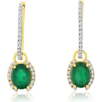14K Yellow Gold Oval Emerald and Diamond Halo Drop Earrings - 1.50 Carat Total Emerald Weight and 0.25 Carat Total Diamond Weight - Royal Jewelry