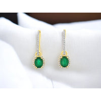 14K Yellow Gold Oval Emerald and Diamond Halo Drop Earrings - 1.50 Carat Total Emerald Weight and 0.25 Carat Total Diamond Weight - Royal Jewelry