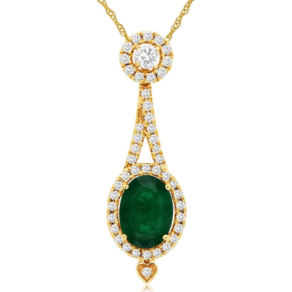 14K Yellow Gold Oval Emerald and Diamond Halo Drop Pendant with Heart Accent - 1.10 Carat Emerald and 0.33 Carat Total Diamond Weight - Royal Jewelry