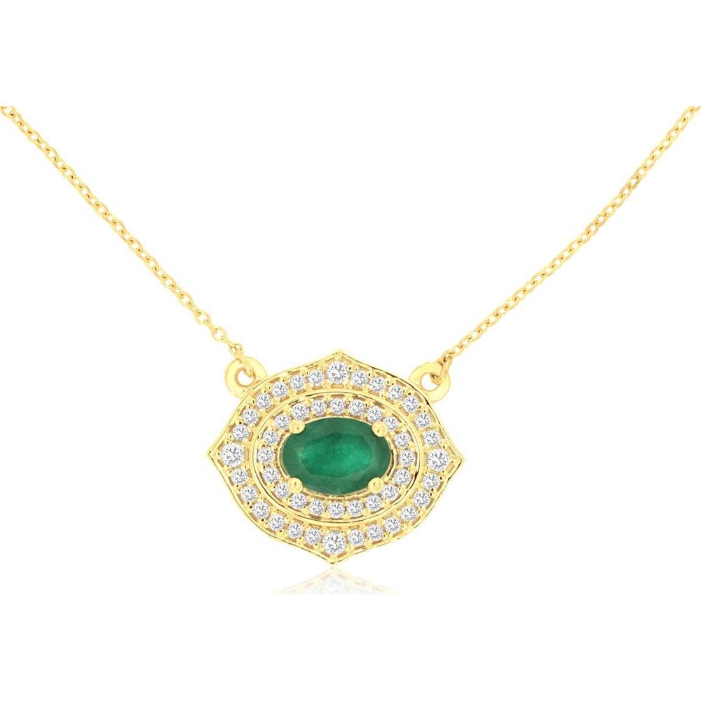 14K Yellow Gold Oval Emerald and Diamond Halo Necklace with 0.75 Carat Emerald and 0.35 Carat Total Diamond Weight - Royal Jewelry