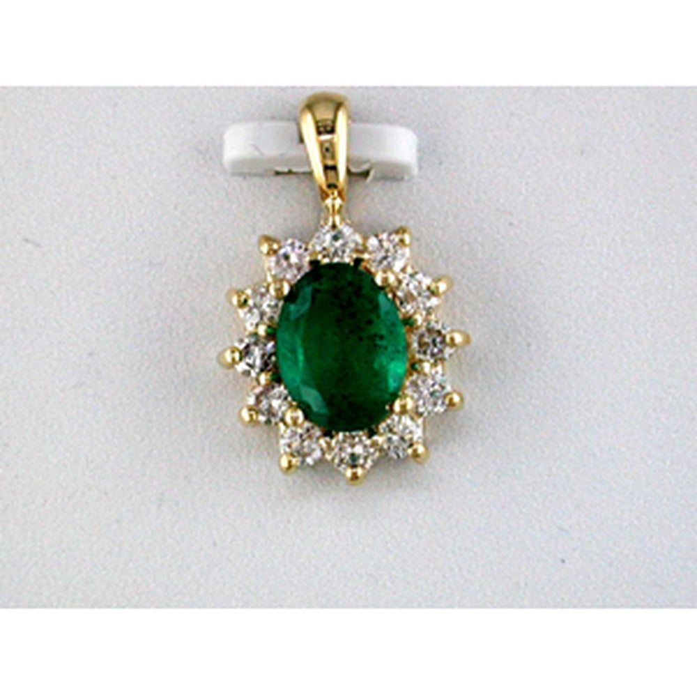 14K Yellow Gold Oval Emerald and Diamond Halo Pendant - 1.20 Carat Emerald with 0.63 Carat Round Diamonds - Royal Jewelry