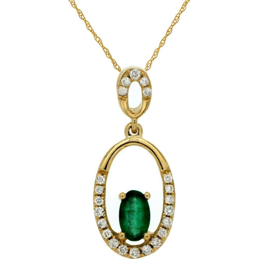 14K Yellow Gold Oval Emerald and Diamond Halo Pendant Necklace - 0.20 Carats Emerald, 0.10 Carats Diamond Total Weight