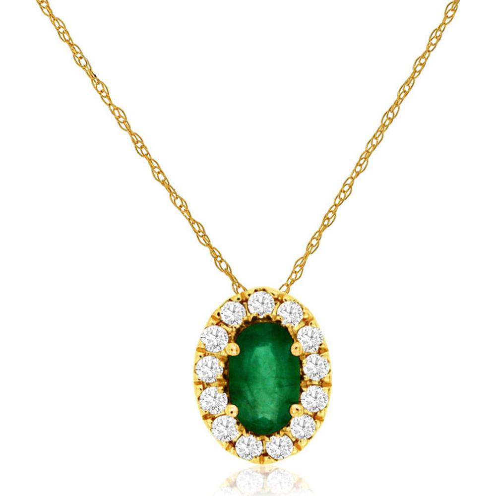 14K Yellow Gold Oval Emerald and Diamond Halo Pendant Necklace - 0.22 Carat Emerald with 0.10 Carat Total Diamond Weight - Royal Jewelry
