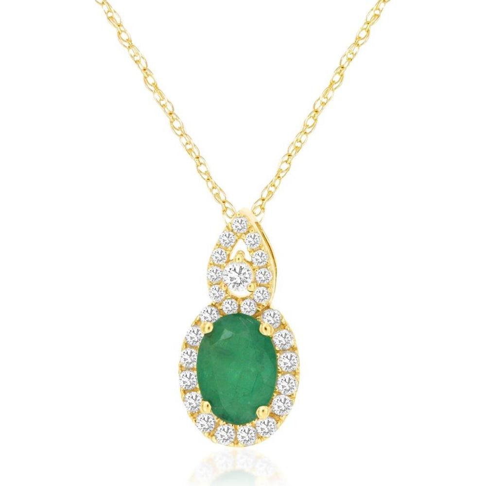 14K Yellow Gold Oval Emerald and Diamond Halo Pendant Necklace - 0.80 Carat Emerald Total Weight with 0.22 Carat Diamond Total Weight - Royal Jewelry