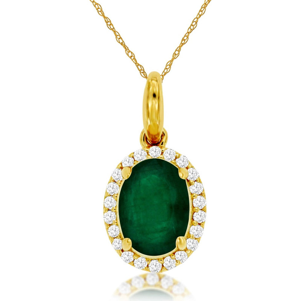 14K Yellow Gold Oval Emerald and Diamond Halo Pendant Necklace - 1.10 Carat Emerald and 0.14 Carat Total Diamond Weight - Royal Jewelry