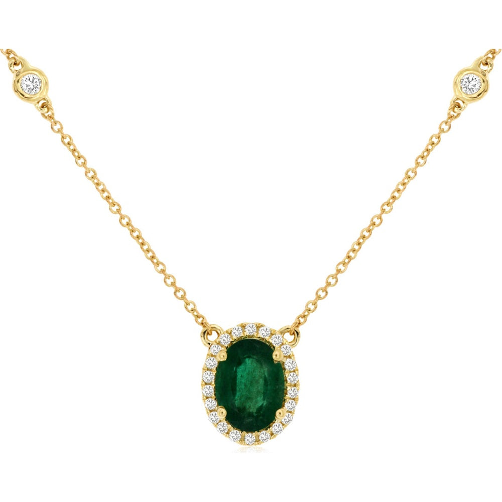 14K Yellow Gold Oval Emerald and Diamond Halo Pendant Necklace with Bezel-Set Diamond Stations - 1.10 Carat Emerald and 0.27 Carat Total Diamond Weight - Royal Jewelry