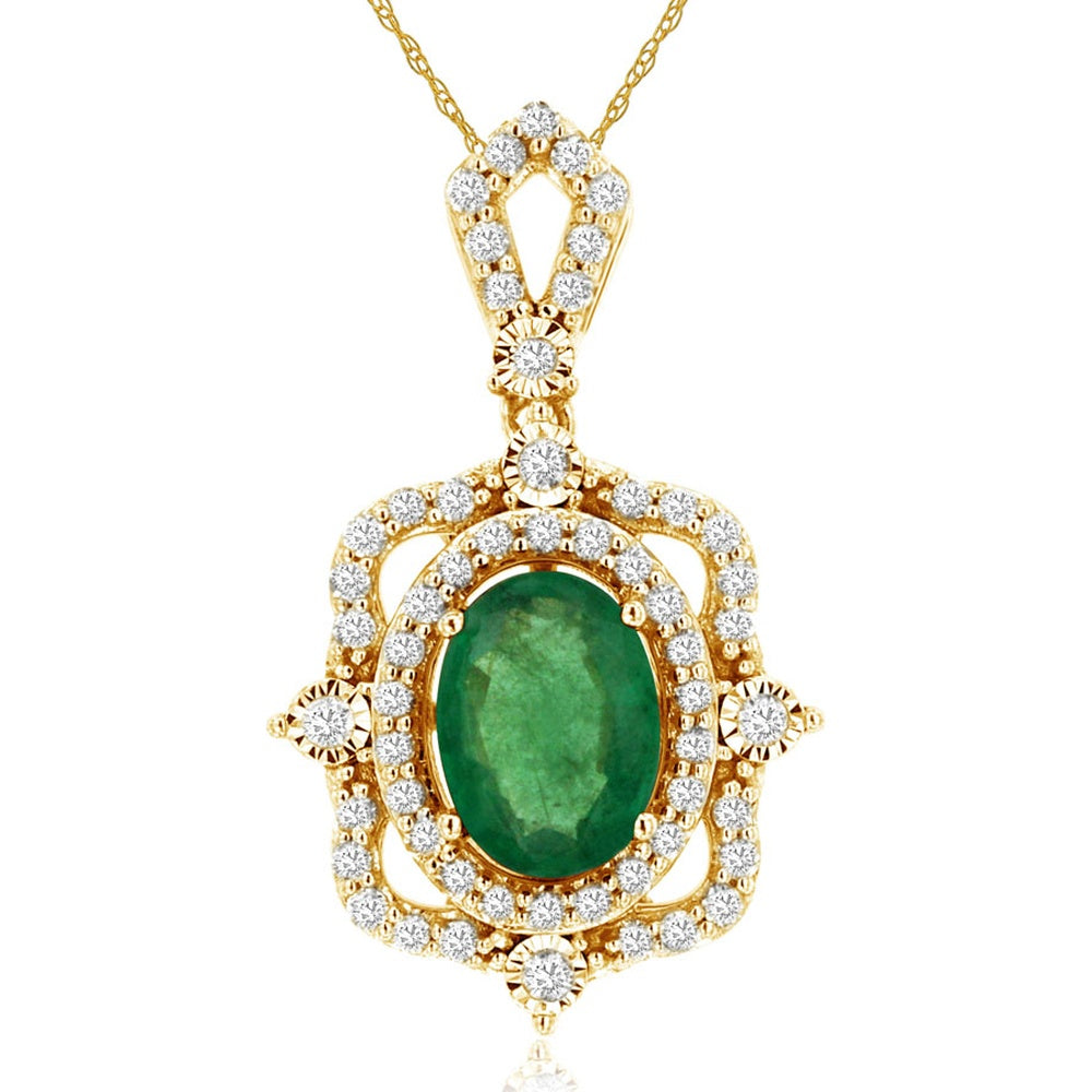 14K Yellow Gold Oval Emerald and Diamond Halo Pendant with Vintage Milgrain Detailing - 0.70 Carat Emerald and 0.25 Carat Diamond Total Weight - Royal Jewelry