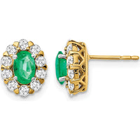 14K Yellow Gold Oval Emerald and Diamond Halo Post Earrings - 1.0 Carat Total Emerald Weight, 0.035 Carat Total Diamond Weight by Monteluci Fine Jewelry