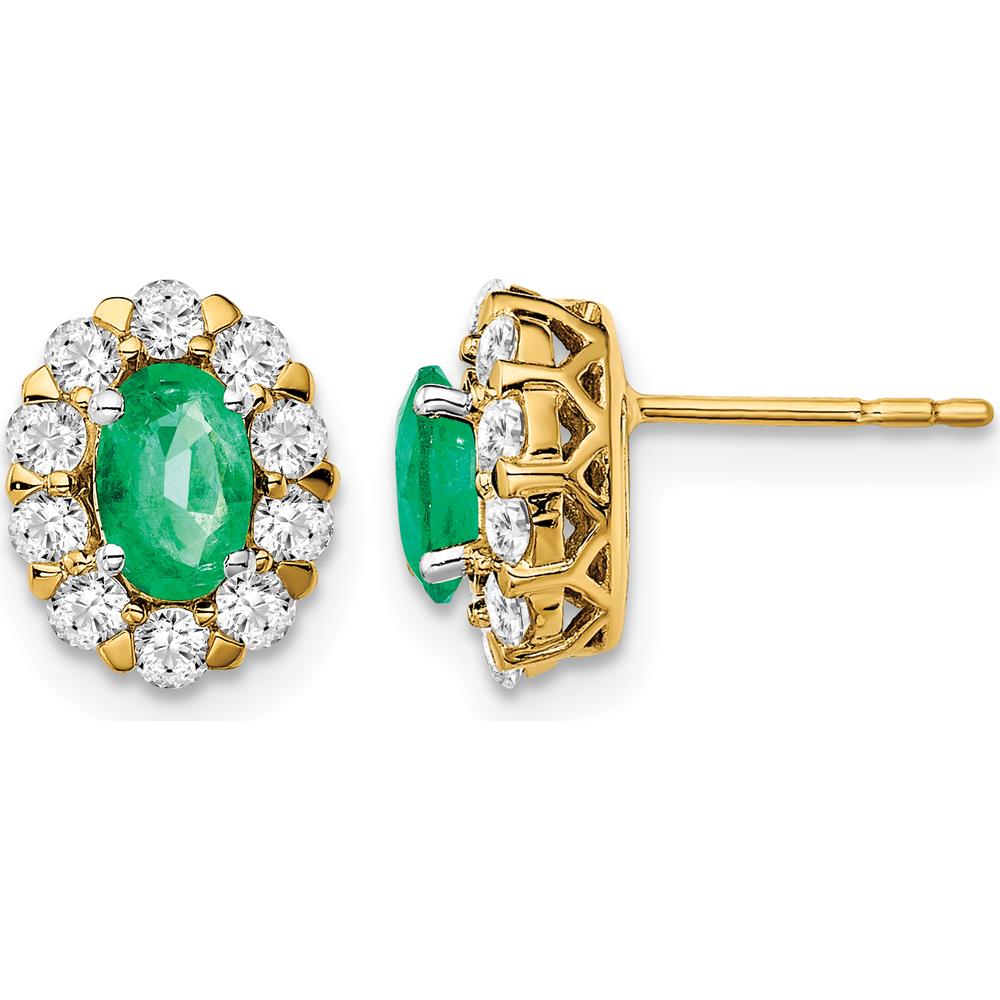 14K Yellow Gold Oval Emerald and Diamond Halo Post Earrings - 1.0 Carat Total Emerald Weight, 0.035 Carat Total Diamond Weight by Monteluci Fine Jewelry