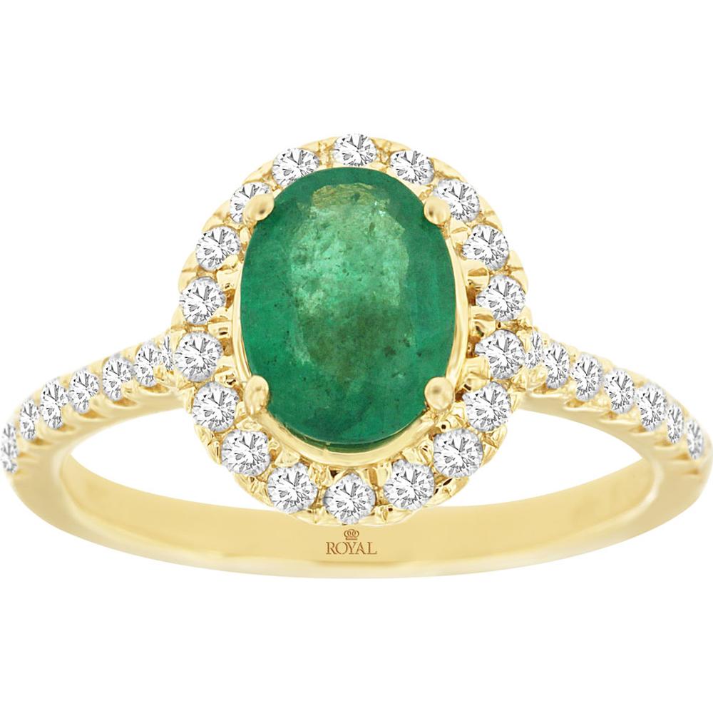 14K Yellow Gold Oval Emerald & Diamond Halo Ring – 1.10 Carat Emerald with 0.50 Carat Total Diamond Weight - Royal Jewelry