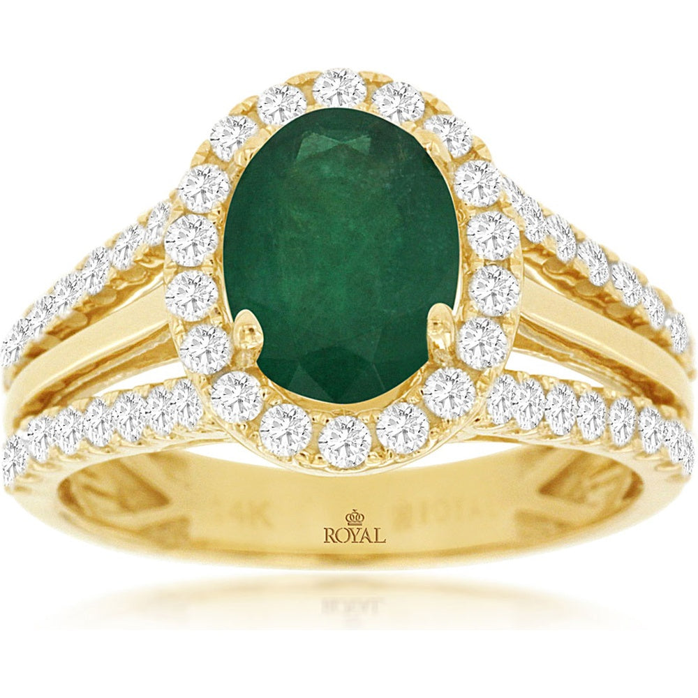 14K Yellow Gold Oval Emerald and Diamond Halo Ring - 1.60 Carat Emerald and 0.82 Carat Diamond Total Weight - Royal Jewelry