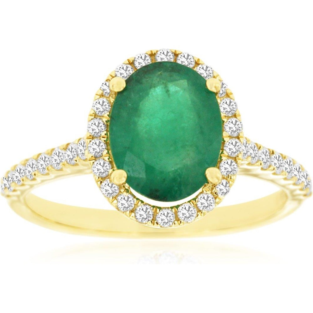 14K Yellow Gold Oval Emerald and Diamond Halo Ring - 1.75 Carat Emerald and 0.44 Carat Total Diamond Weight - Royal Jewelry