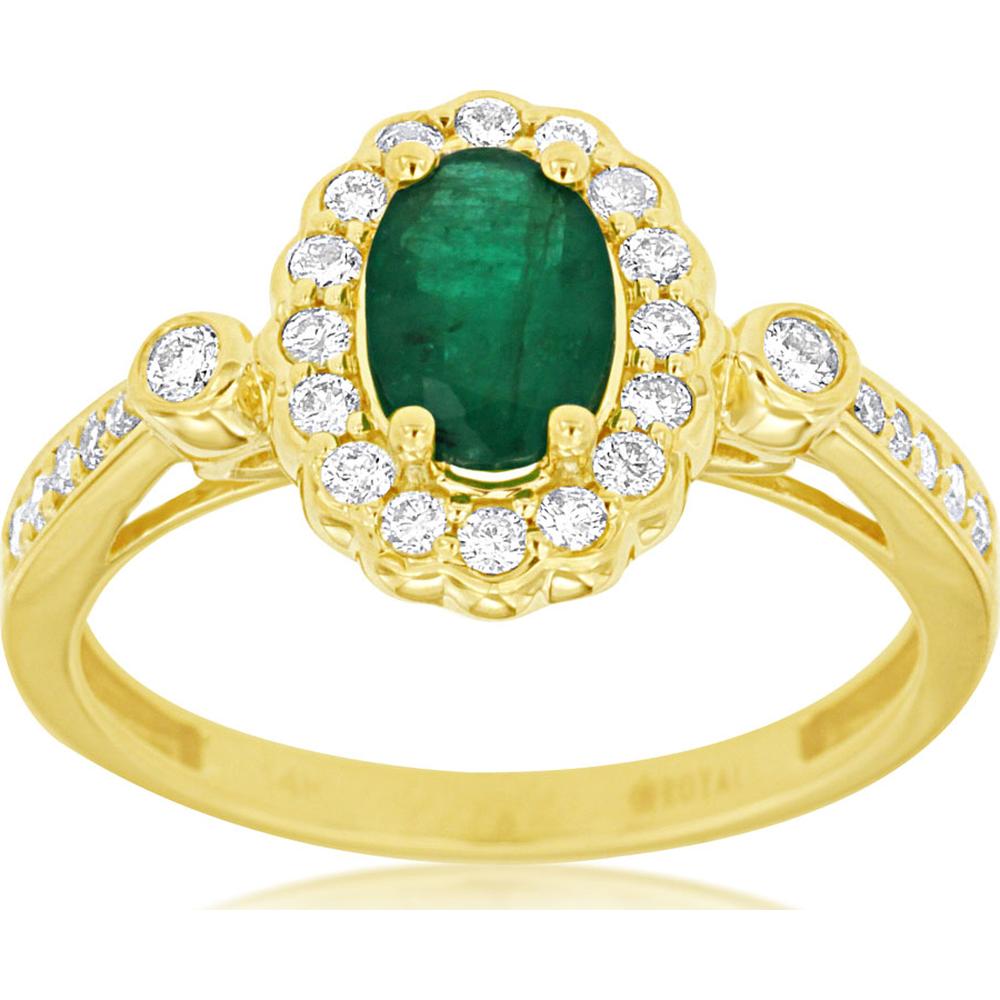 14K Yellow Gold Oval Emerald and Diamond Halo Ring with 0.70 Carat Emerald and 0.34 Carat Total Diamond Weight - Royal Jewelry