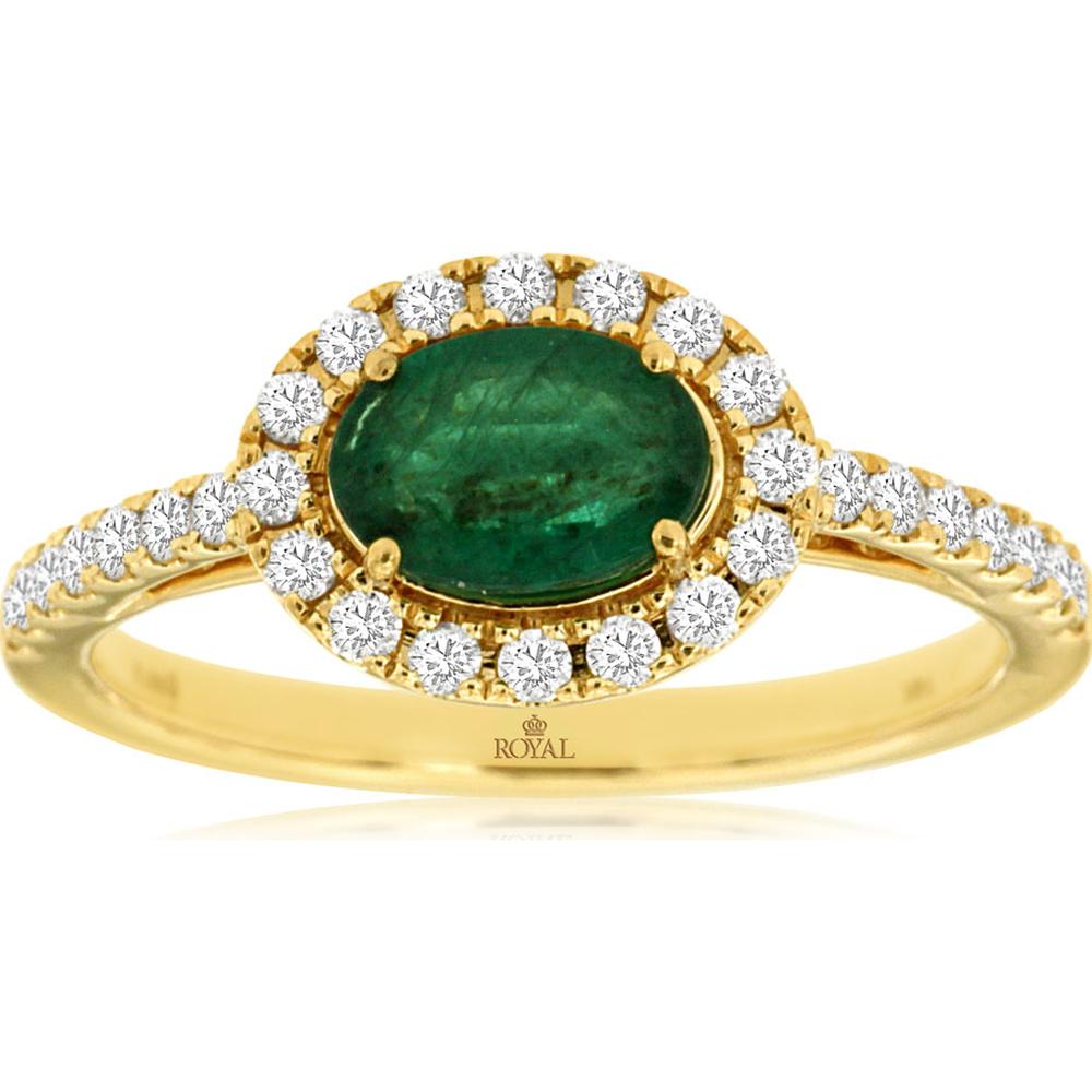 14K Yellow Gold Oval Emerald and Diamond Halo Ring with Diamond Accented Shank - 0.75 Carat Emerald, 0.33 Carat Diamonds - Royal Jewelry
