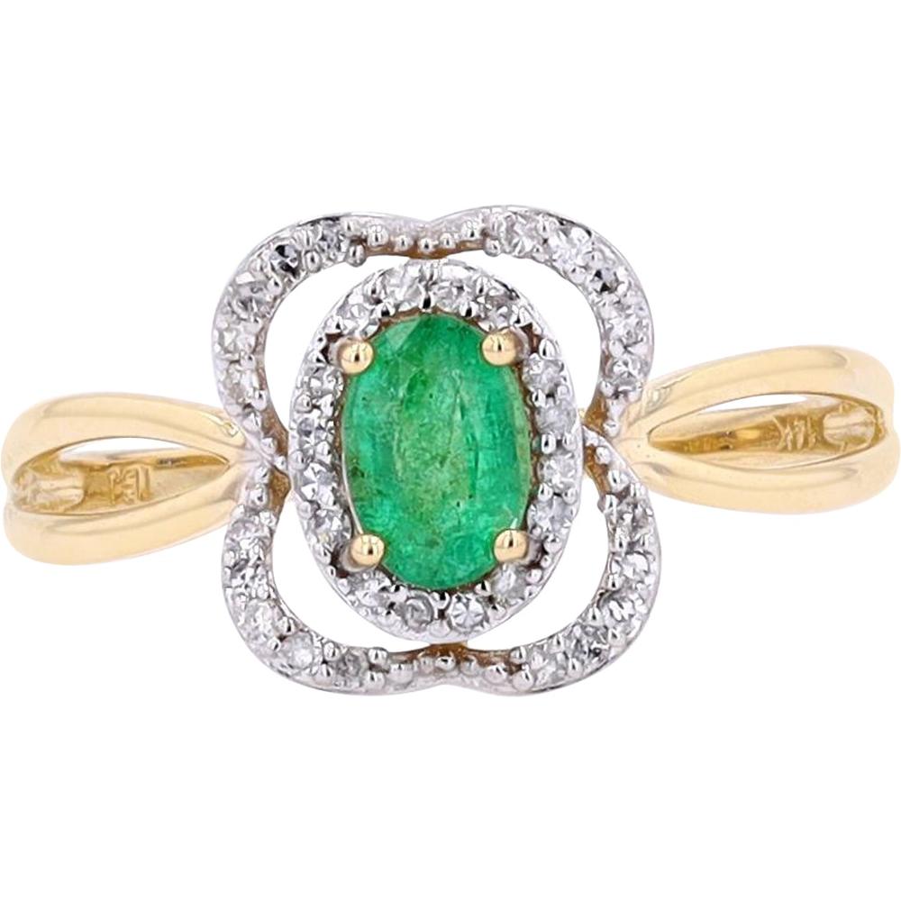 14K Yellow Gold Oval Emerald and Diamond Halo Split Shank Ring - 0.15 Carats Total Diamond Weight