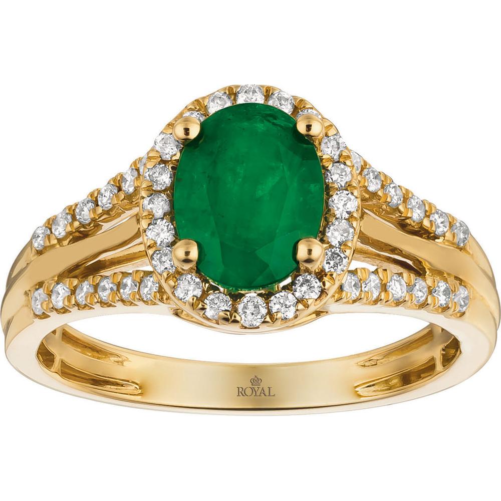 14K Yellow Gold Oval Emerald and Diamond Halo Split Shank Ring - 1.10 Carat Emerald Total Weight, 0.30 Carat Diamond Total Weight - Royal Jewelry