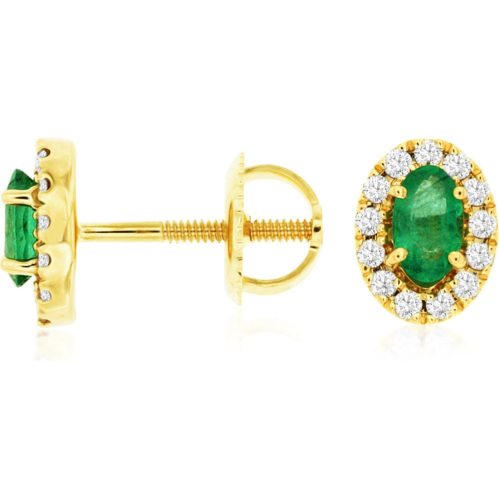 14K Yellow Gold Oval Emerald and Diamond Halo Stud Earrings - 0.44 Carat Total Emerald Weight and 0.18 Carat Total Diamond Weight - Royal Jewelry