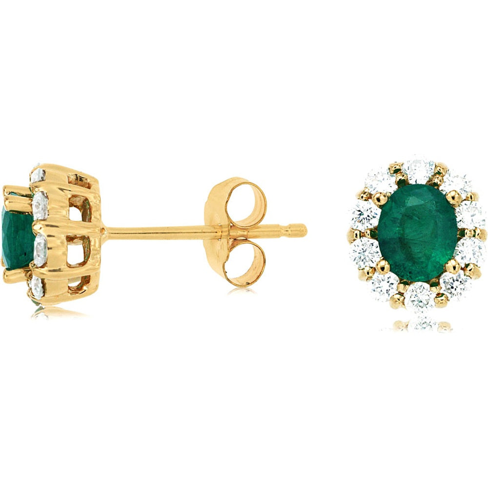14K Yellow Gold Oval Emerald and Diamond Halo Stud Earrings - 0.70 Carat Total Emerald Weight and 0.45 Carat Total Diamond Weight - Royal Jewelry