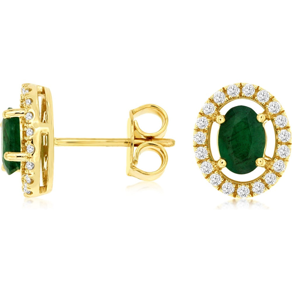 14K Yellow Gold Oval Emerald and Diamond Halo Stud Earrings - 0.88 Carat Total Emerald Weight and 0.24 Carat Total Diamond Weight - Royal Jewelry