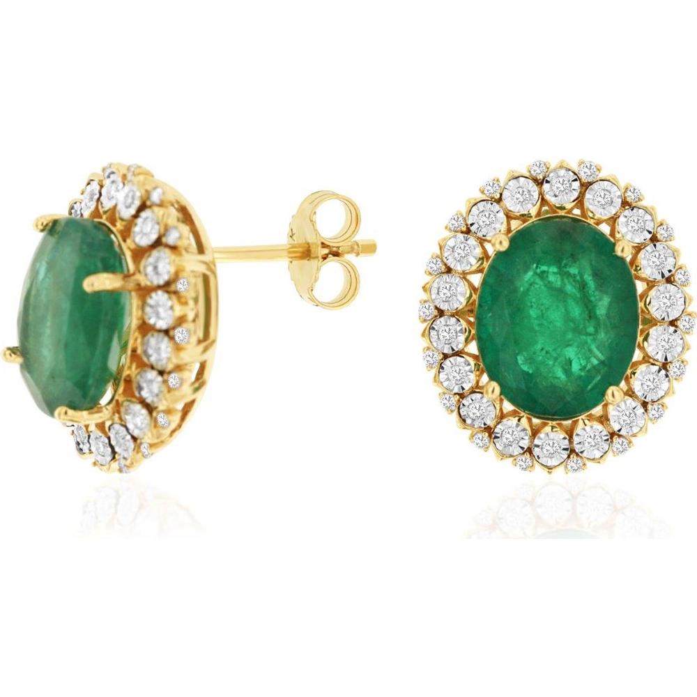 14K Yellow Gold Oval Emerald and Diamond Halo Stud Earrings - 4.80 Carat Total Emerald Weight, 0.25 Carat Total Diamond Weight - Royal Jewelry