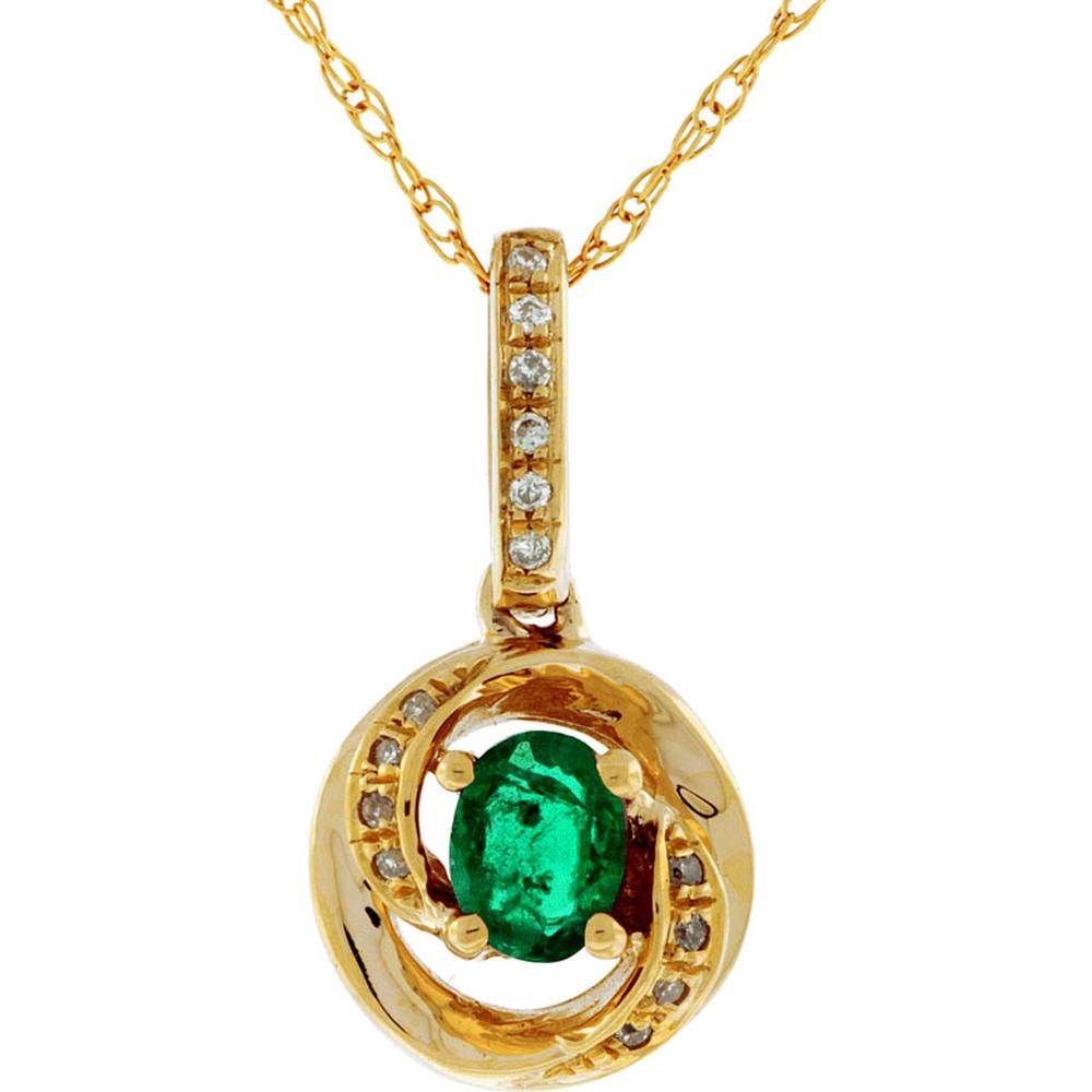 14K Yellow Gold Oval Emerald and Diamond Pendant - 0.20 Carats Emerald, 0.04 Carats Diamond