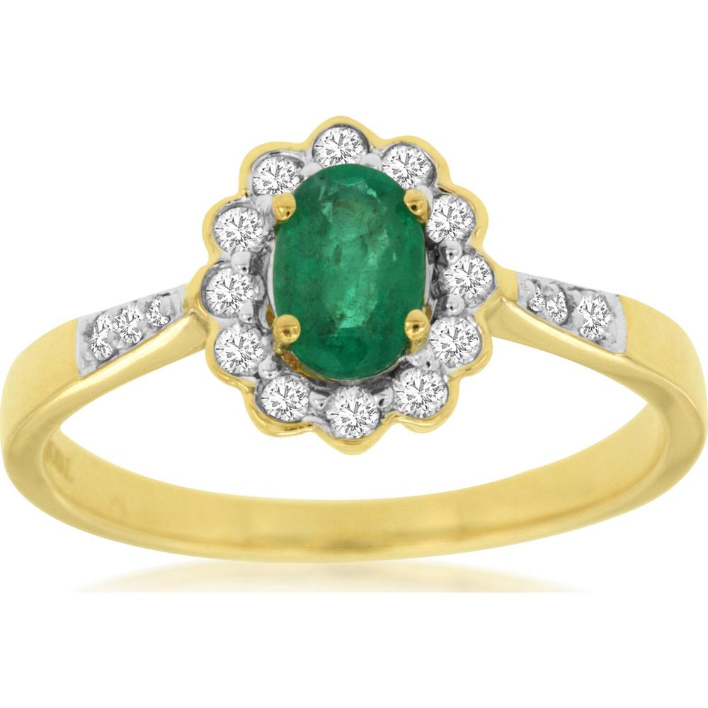 14K Yellow Gold Oval Emerald and Diamond Scalloped Halo Ring - 0.43 Carat Emerald, 0.22 Carat Total Diamond Weight - Royal Jewelry